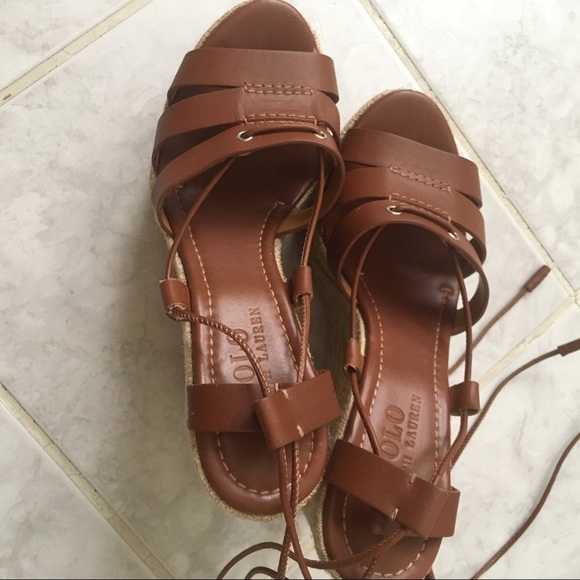 Polo Ralph Lauren Cognac Calfskin Estelle Wedges - Picture 4 of 11